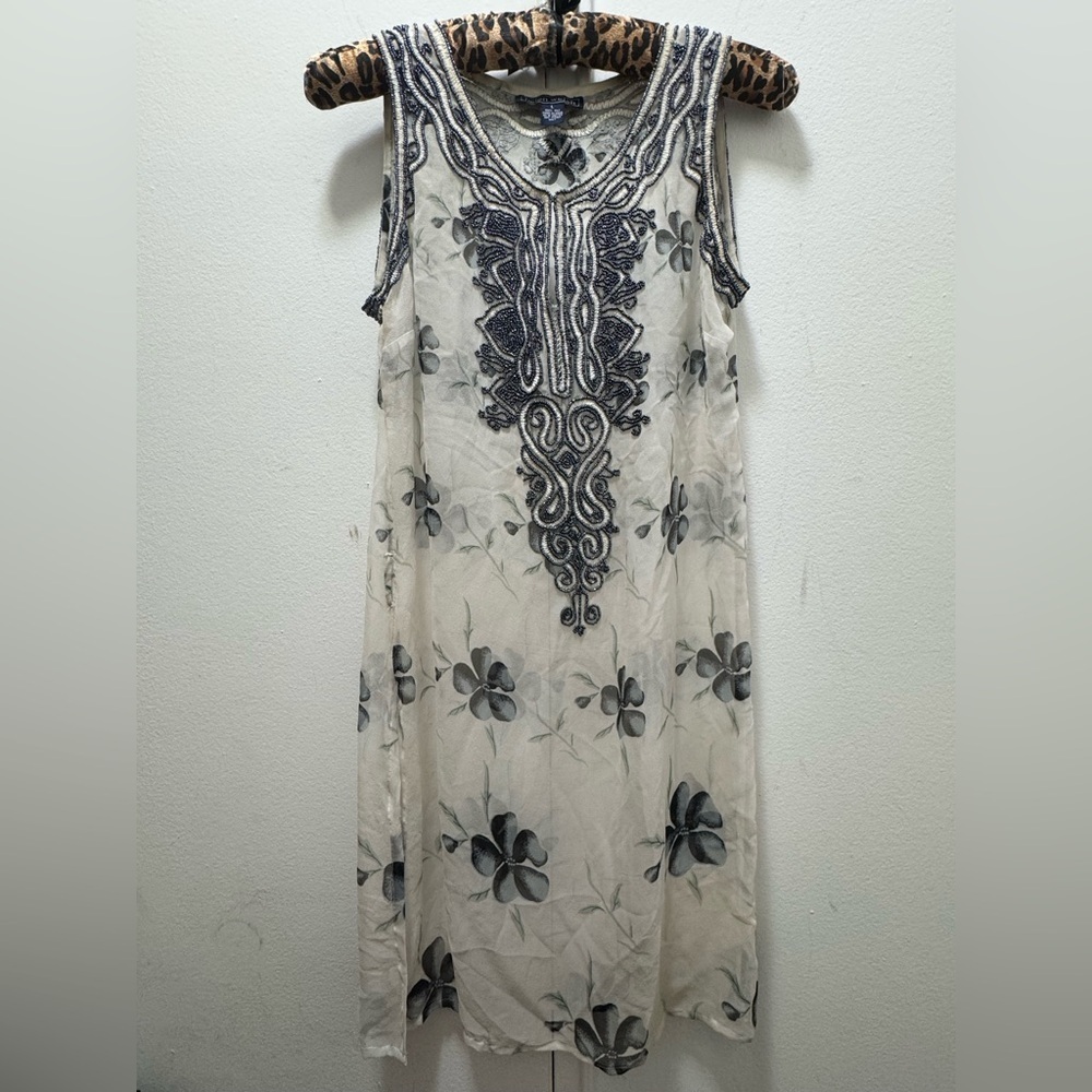 Vintage 90s Helen Welsh silk tunic floral beaded sheer coverup dress